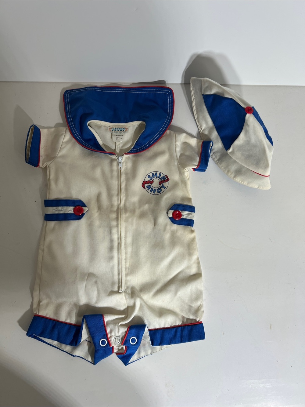 Vintage Classic Nautical Cream and Blue Baby One-Piece with Hat